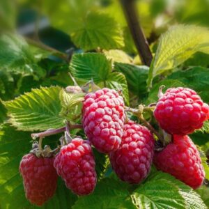 Caroline Red Raspberry. Produces heavy crops of large berries. Ripens in June and Sept. Zones 5-8.