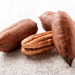Ellis Pecan Tree. Excellent quality, high yields, scab resistant. Bears at young age. Ripens in Oct. 44 nuts per lb. Zones 6-9.