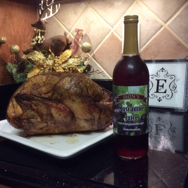 Turkey with bottle of muscadine juice decorated